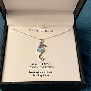 Sterling Silver Seahorse Necklace with Blue Topaz NWT